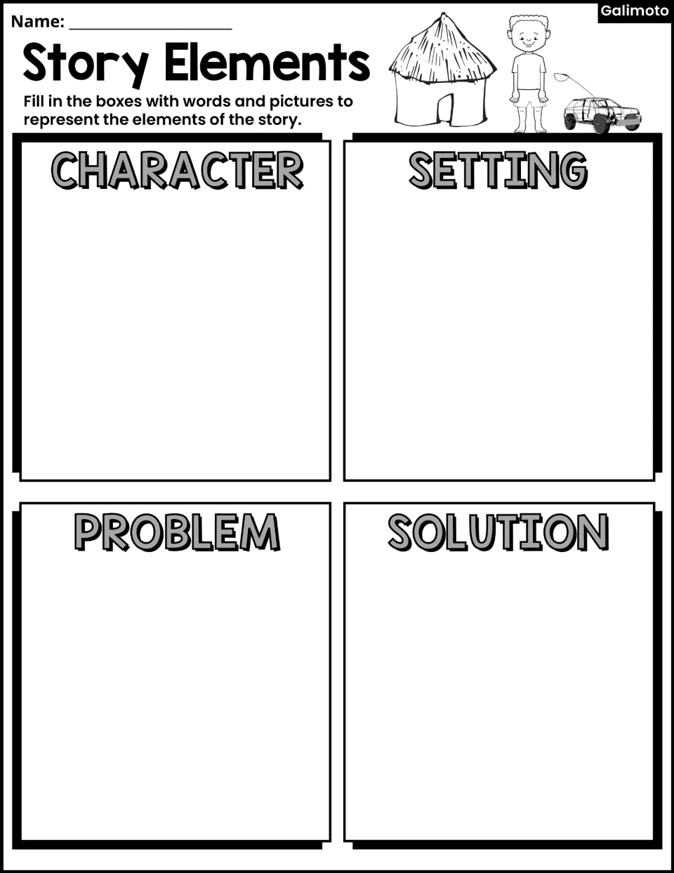 Story Elements activity asks students to represent character, setting, problem, and solution in words and pictures.