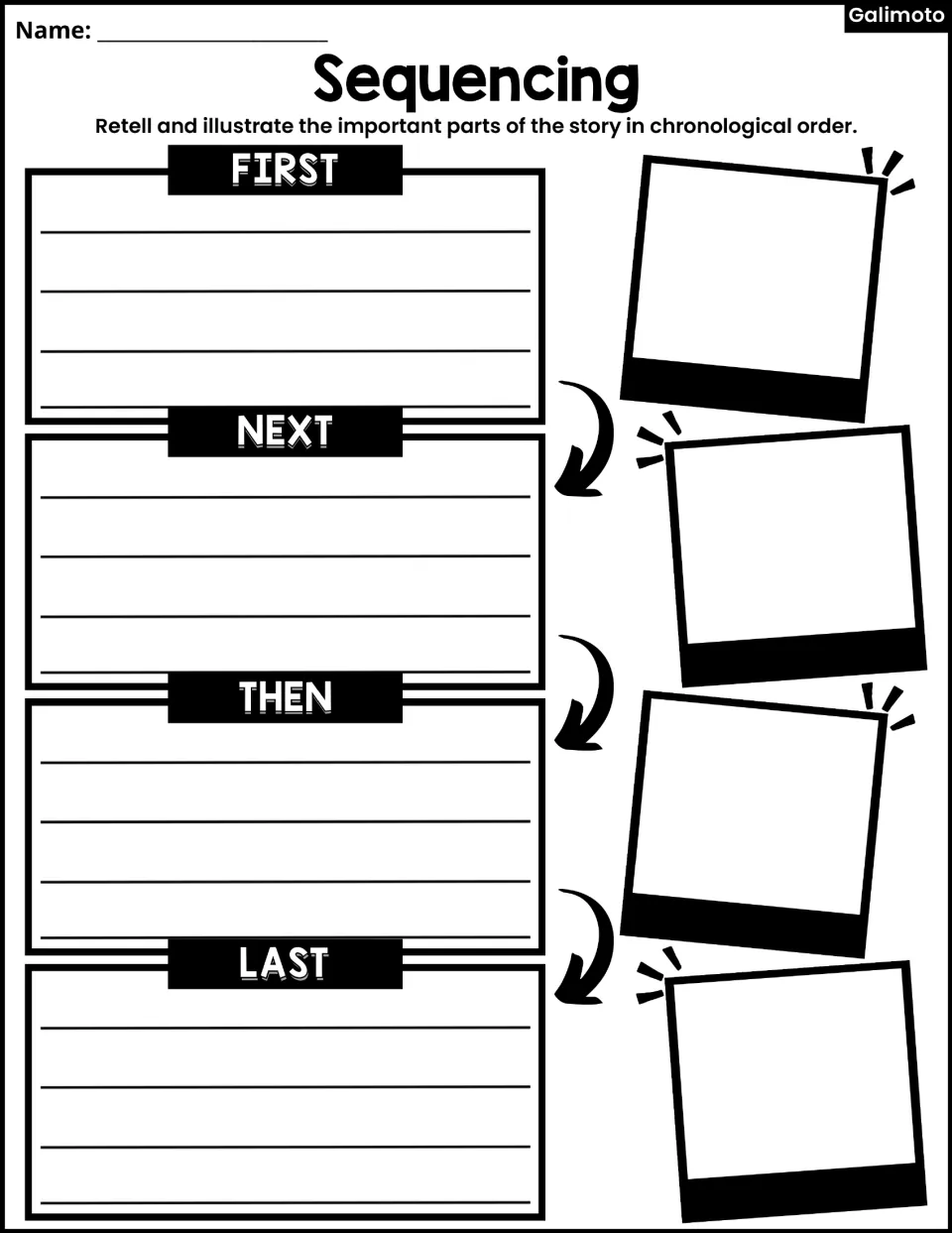 Sequencing activity asks students to retell and illustrate important story parts using First, Next, Then, Last.