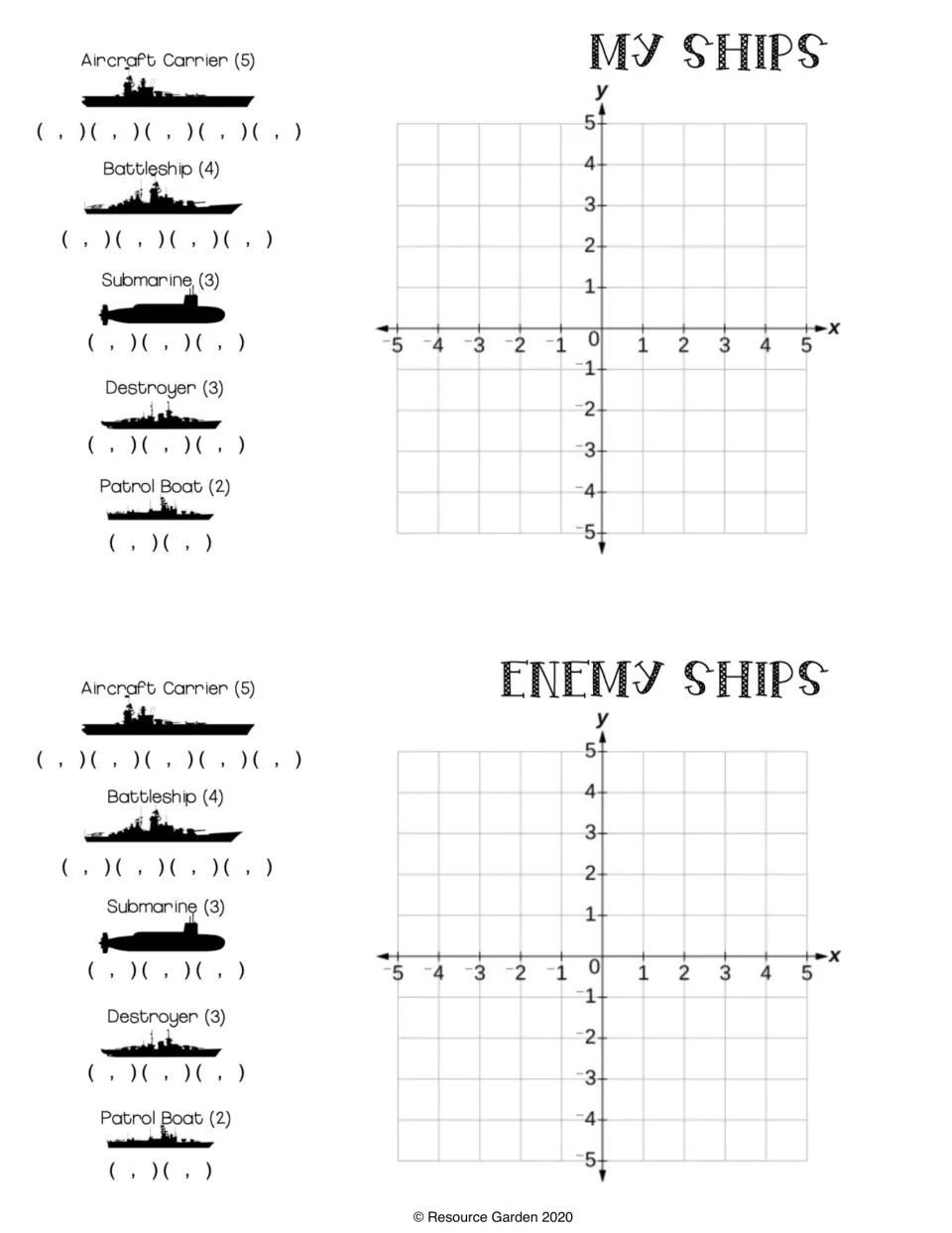 Coordinate battleship board: students log 5 ships' ordered pairs and mark shots on My Ships and Enemy Ships planes, -5 to 5