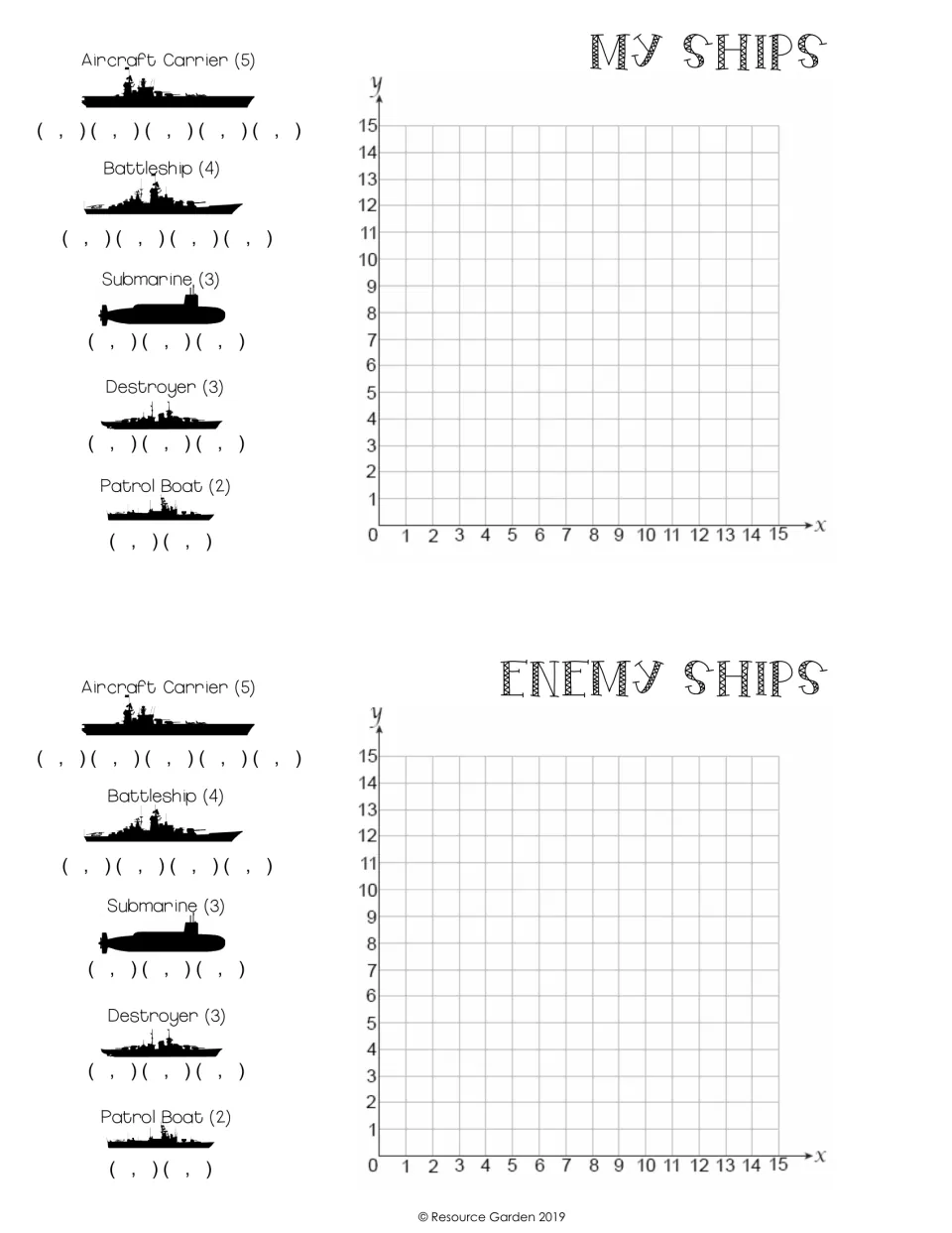 Plotting ordered pairs: students place 5 ships on a 0-15 My Ships grid, list each ship's points and track Enemy Ships