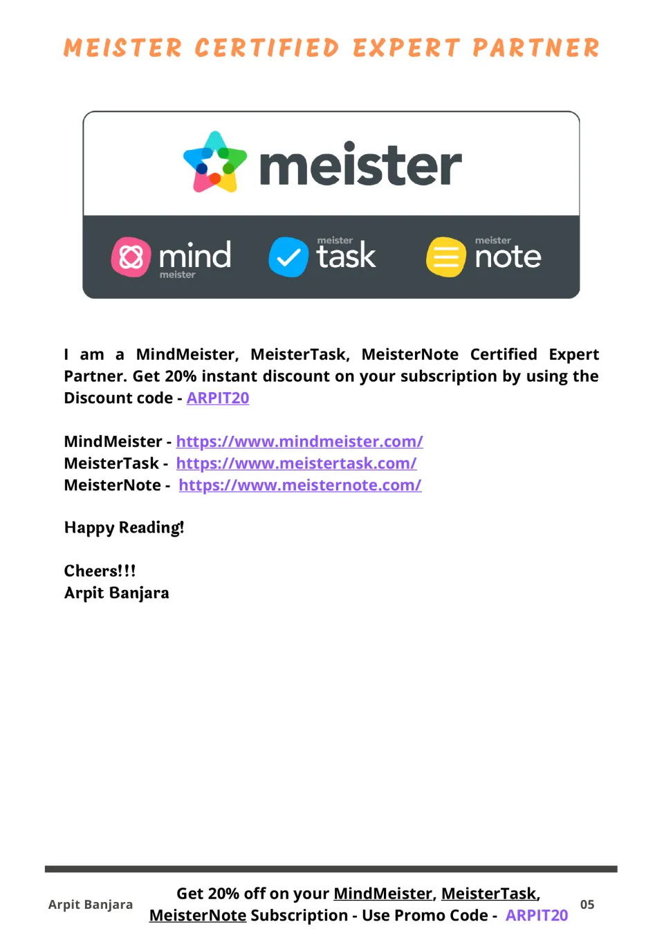 Creator's partner information: Arpit Banjara identifies his Meister certification and lists three services