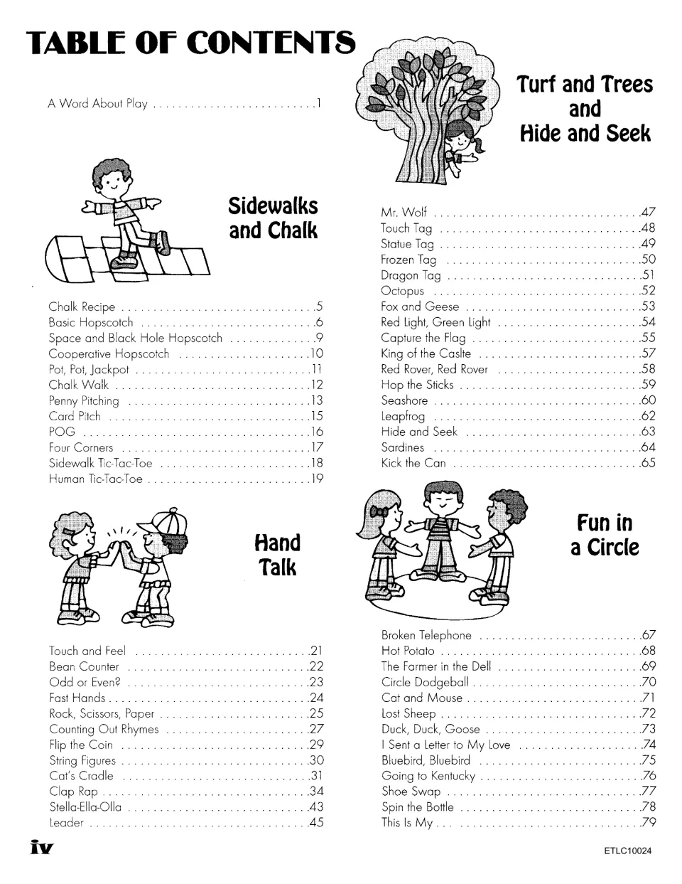 Table of contents for Sidewalks and Chalk, Hand Talk, Turf and Trees and Hide and Seek, and Fun in a Circle games