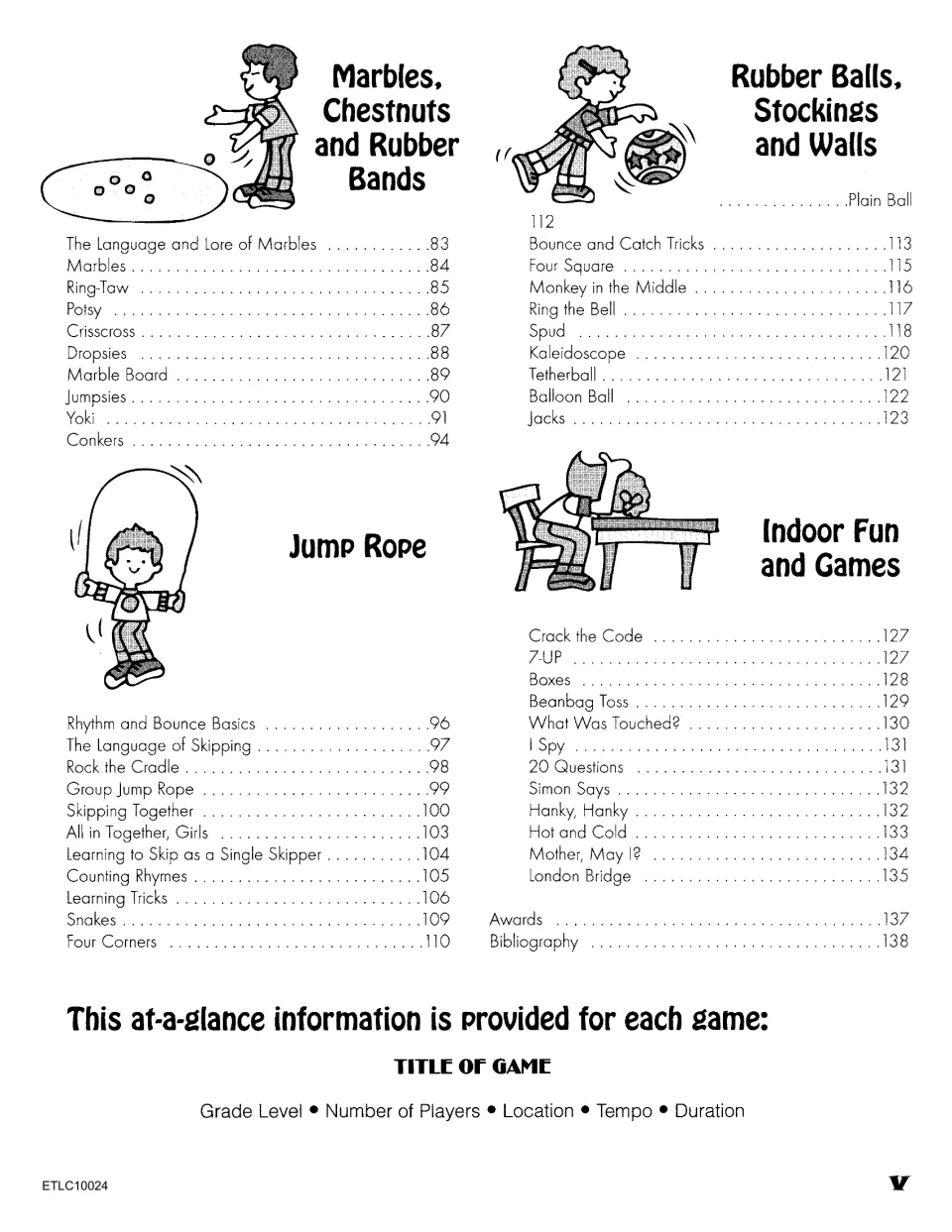 Contents continued: marbles, rubber balls, jump rope and indoor game sections, plus each game's grade, players and tempo