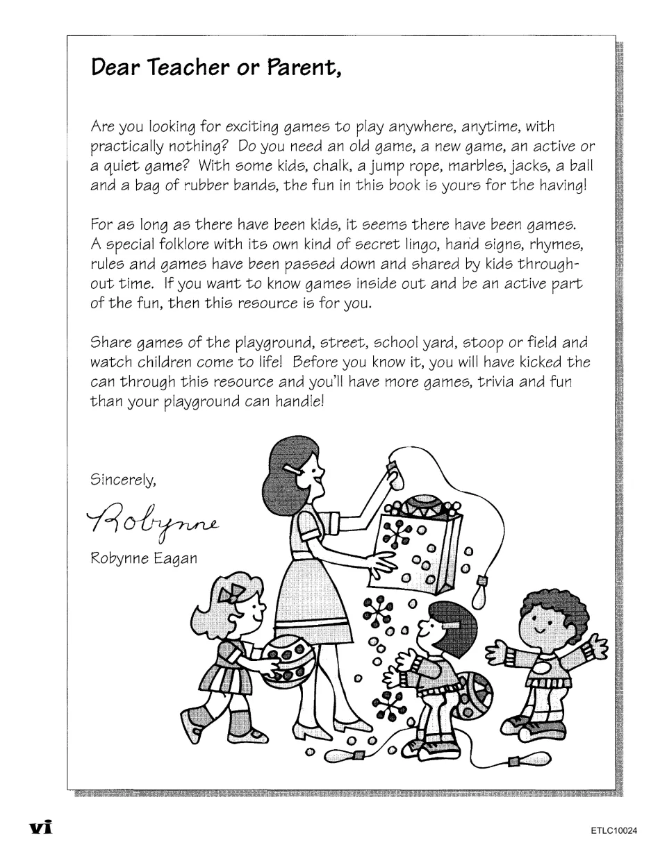 Dear Teacher or Parent letter from Robynne Eagan on games and kid folklore, with a teacher handing out jacks and balls
