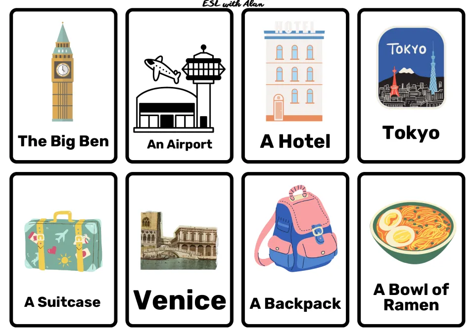 Travel vocabulary picture cards: Big Ben, an airport, a hotel, Tokyo, a suitcase, Venice, a backpack and a bowl of ramen