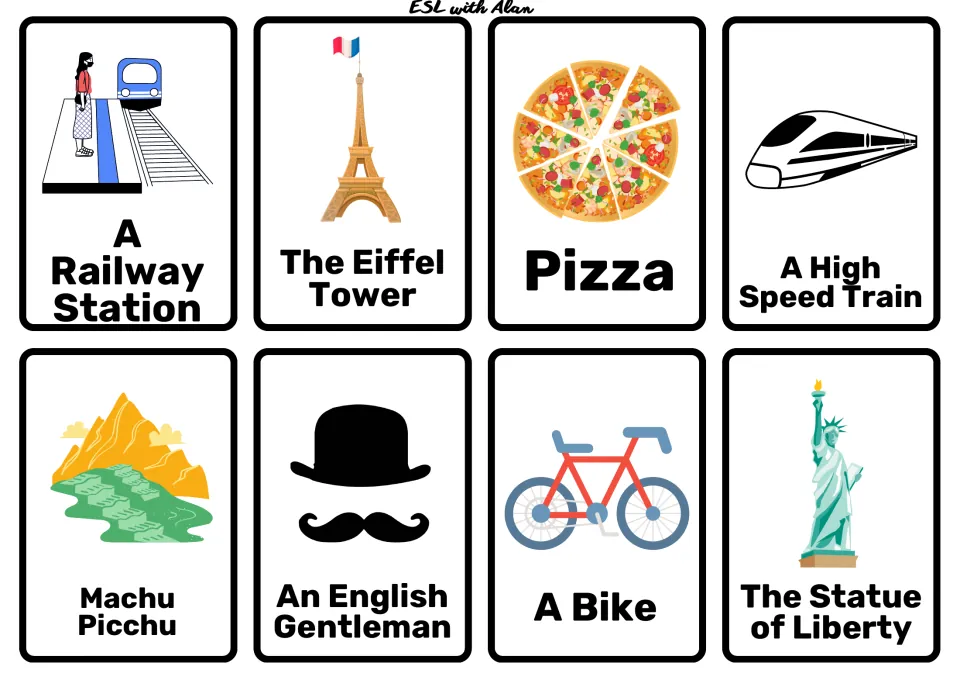 Travel cards: railway station, Eiffel Tower, pizza, fast train, Machu Picchu, English gentleman, bike, Statue of Liberty