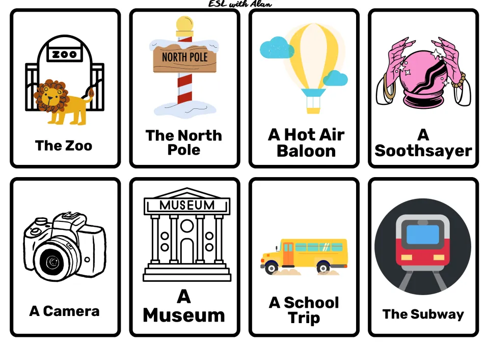Travel cards: the zoo, the North Pole, a hot air balloon, a soothsayer, a camera, a museum, a school trip, the subway