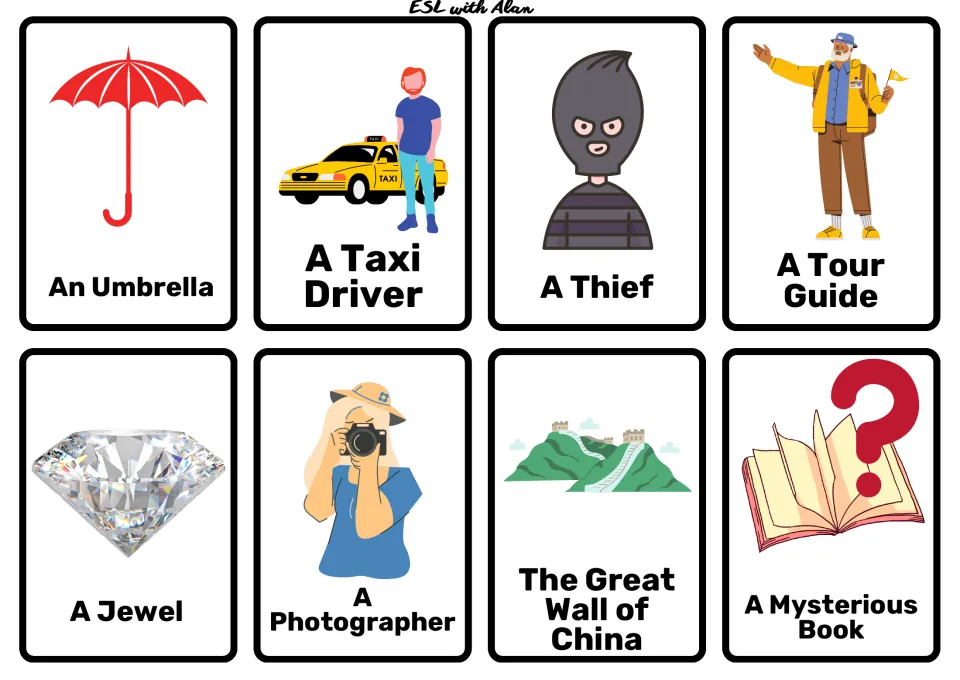 Travel cards: umbrella, taxi driver, thief, tour guide, jewel, photographer, Great Wall of China, mysterious book