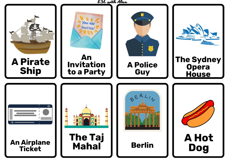 Travel cards: pirate ship, party invitation, police guy, Sydney Opera House, airplane ticket, Taj Mahal, Berlin, hot dog