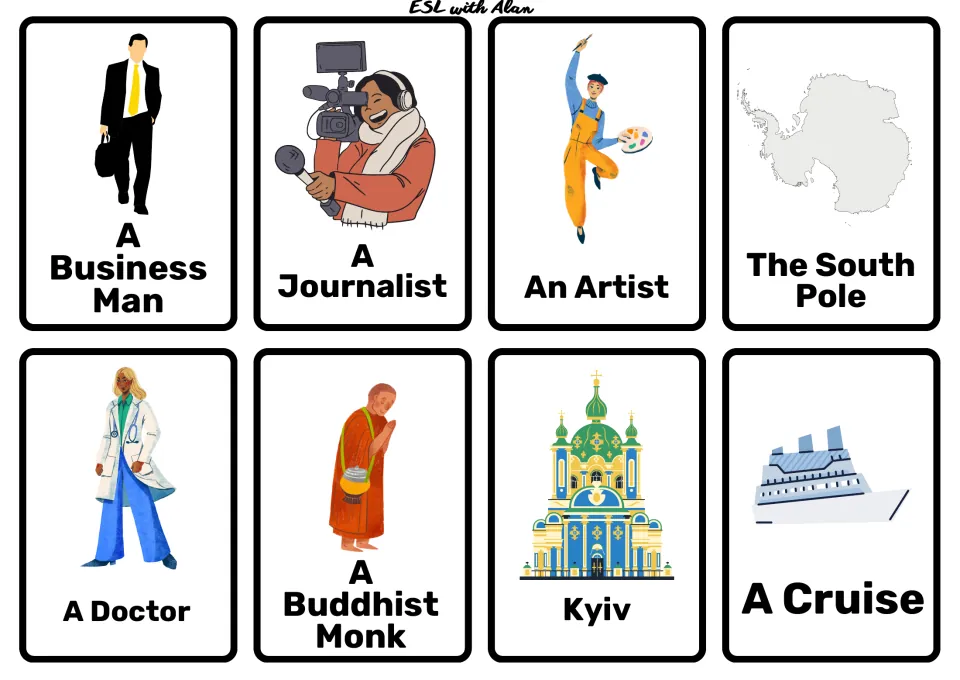 Travel cards of jobs and places: business man, journalist, artist, South Pole, doctor, Buddhist monk, Kyiv, a cruise