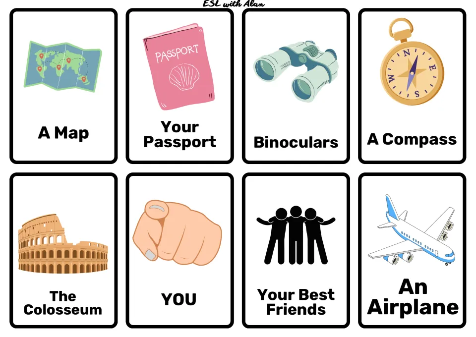 Travel picture cards: a map, your passport, binoculars, a compass, the Colosseum, YOU, your best friends and an airplane