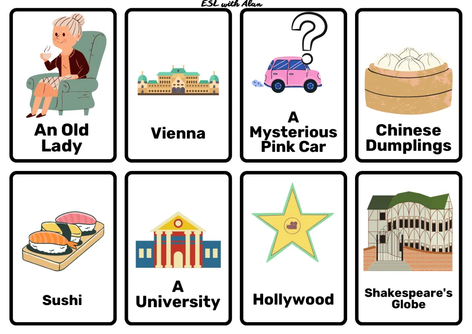 Travel cards: old lady, Vienna, mysterious pink car, Chinese dumplings, sushi, university, Hollywood, Shakespeare's Globe