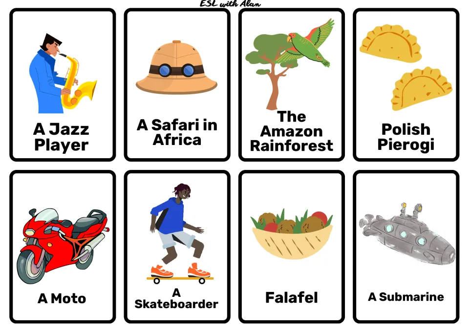 Travel cards: jazz player, safari in Africa, Amazon Rainforest, Polish pierogi, moto, skateboarder, falafel, a submarine