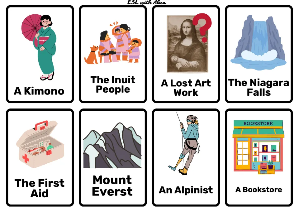 Travel cards: kimono, Inuit people, a lost artwork, Niagara Falls, first aid, Mount Everest, an alpinist and a bookstore
