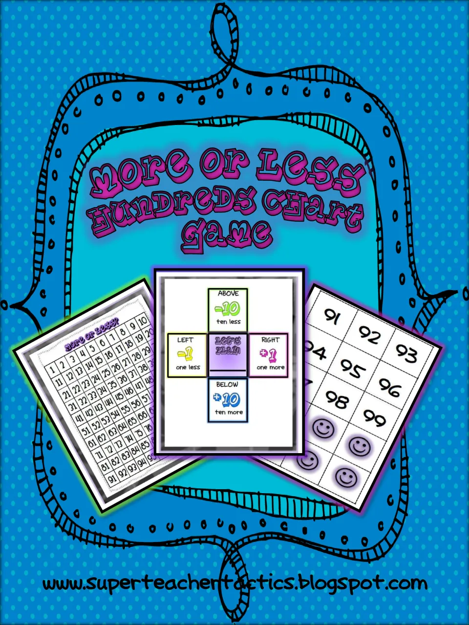 More or Less Hundreds Chart Game cover showing the 1-100 chart, the plus/minus 1 and 10 game board and number cards
