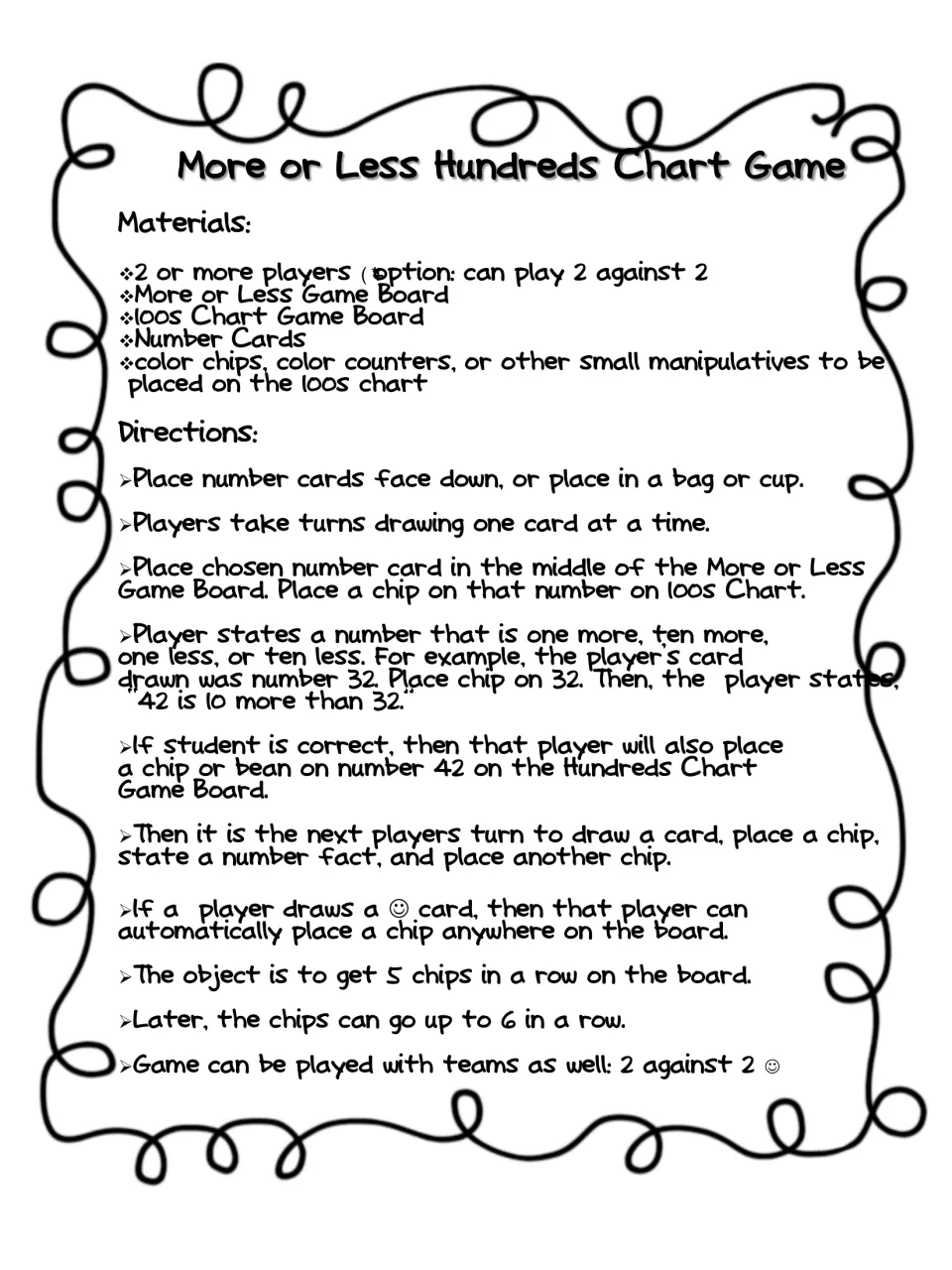 Game directions: players draw a number card, name one or ten more or less, and cover numbers to get 5 chips in a row