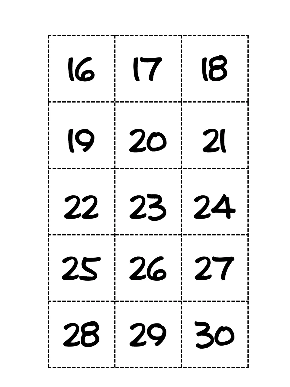 Number cards 16 to 30 for the draw pile; each names a number players find, then add or subtract 1 or 10
