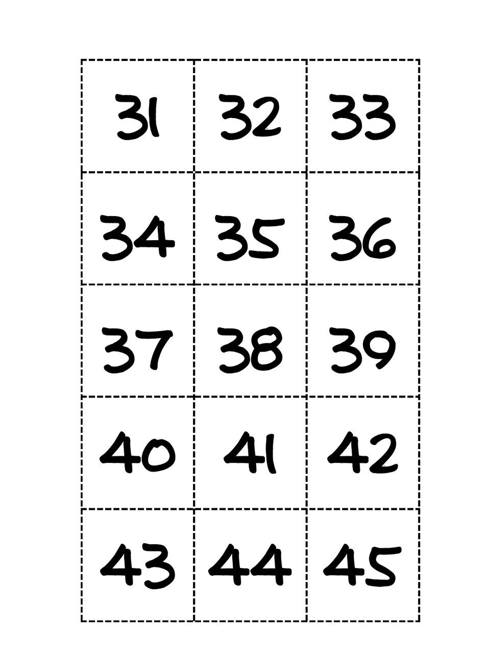 Number cards 31 to 45, including 32 and 42 from the rules example, to draw and state a one or ten more or less fact
