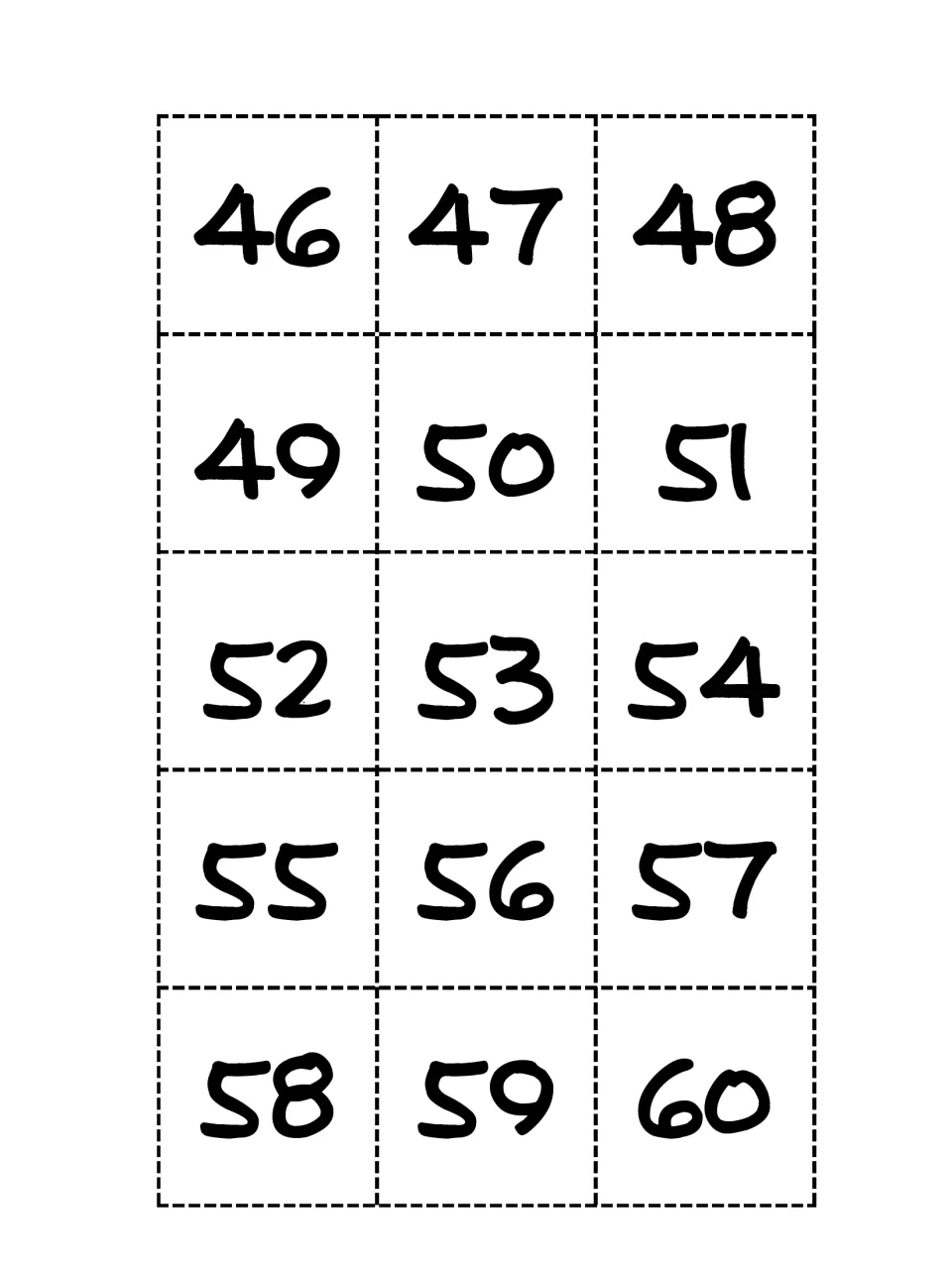 Cards 46 to 60 to cut apart; a player draws one, covers it on the chart, then names and chips a value one or ten away