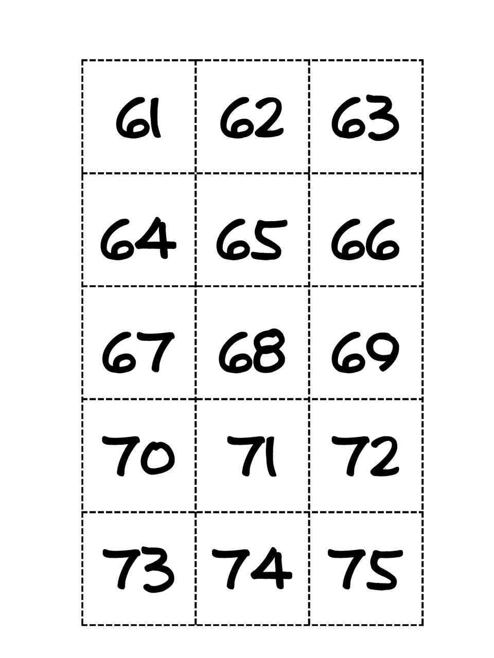 Number cards 61 to 75 that students draw, find on the chart, and use to name one more, one less, ten more or ten less