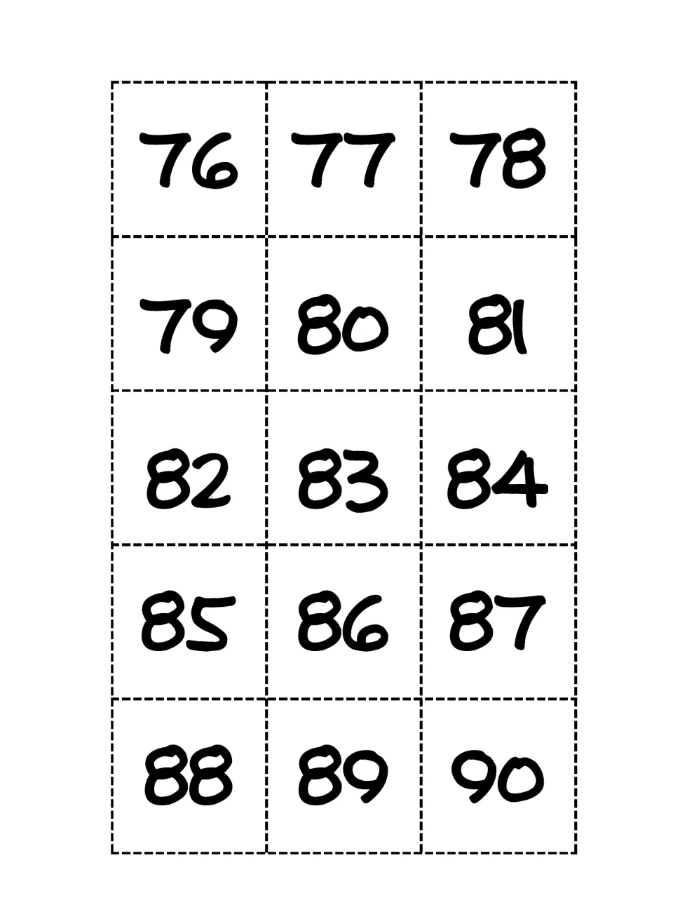 Number cards 76 to 90 to cut out for play; students draw one and state a number fact adding or subtracting 1 or 10
