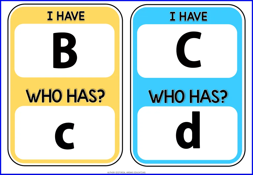Alphabet game cards 3–4: 'I have B. Who has c?' and 'I have C. Who has d?' pair uppercase and lowercase.