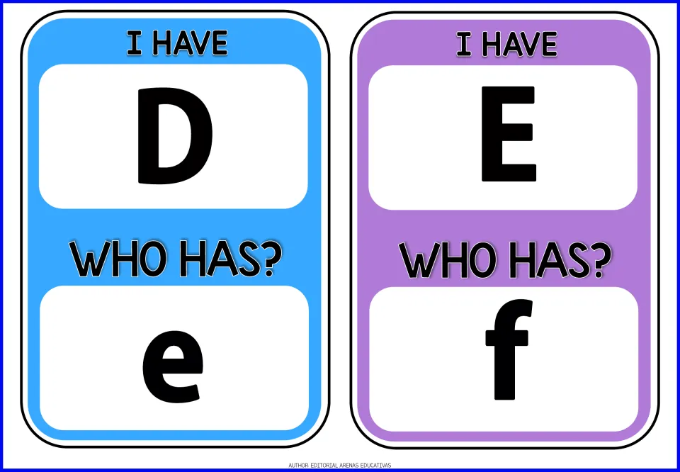 Alphabet game cards 5–6: 'I have D. Who has e?' and 'I have E. Who has f?' pair uppercase and lowercase.