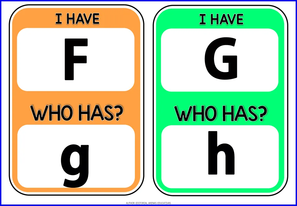 Alphabet game cards 7–8: 'I have F. Who has g?' and 'I have G. Who has h?' pair uppercase and lowercase.
