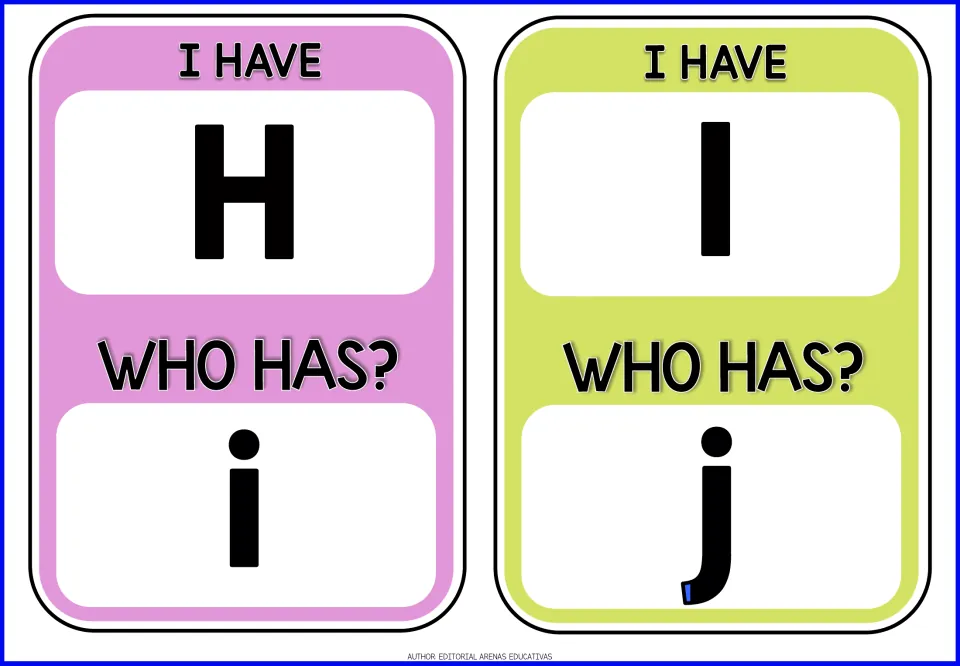 Alphabet game cards 9–10: 'I have H. Who has i?' and 'I have I. Who has j?' pair uppercase and lowercase.