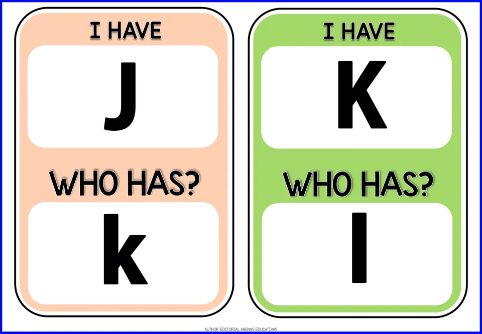 Alphabet game cards 11–12: 'I have J. Who has k?' and 'I have K. Who has l?' pair uppercase and lowercase.