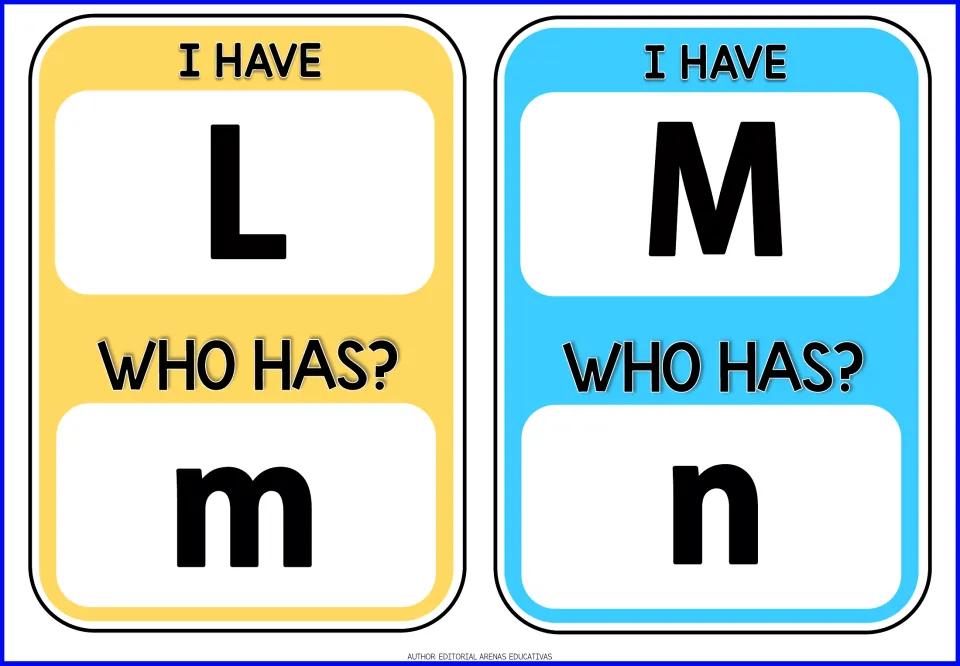 Alphabet game cards 13–14: 'I have L. Who has m?' and 'I have M. Who has n?' pair uppercase and lowercase.