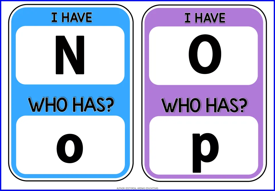 Alphabet game cards 15–16: 'I have N. Who has o?' and 'I have O. Who has p?' pair uppercase and lowercase.