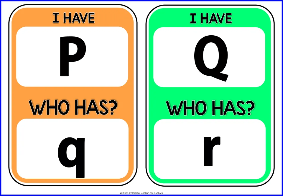 Alphabet game cards 17–18: 'I have P. Who has q?' and 'I have Q. Who has r?' pair uppercase and lowercase.