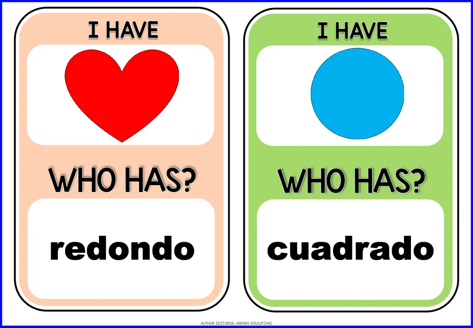 Spanish shape cards: I have a heart, who has redondo? and I have a circle, who has cuadrado? for chained shape vocabulary