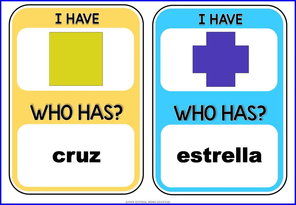 Spanish shape cards: I have a square, who has cruz? and I have a cross, who has estrella? Students match words to shapes