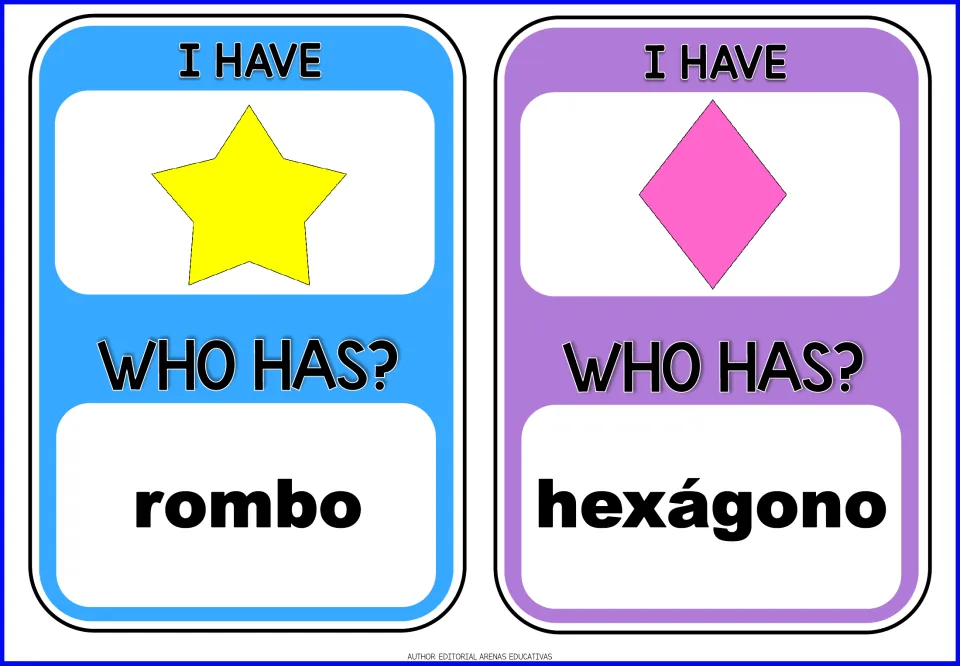 Spanish shape cards: I have a star, who has rombo? and I have a rhombus, who has hexágono? for listening and shape naming