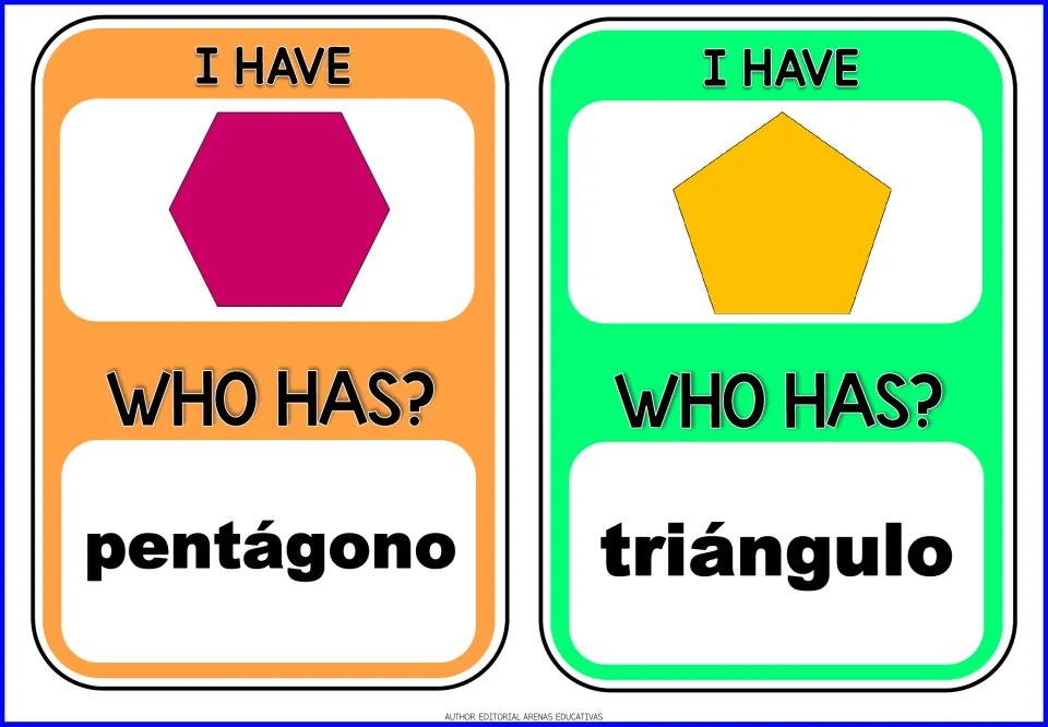Spanish shape cards: I have a hexagon, who has pentágono? and I have a pentagon, who has triángulo? for polygon vocabulary