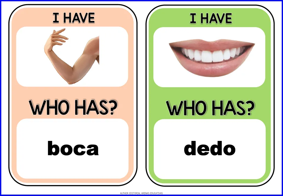 Spanish body-part cards: arm photo asks who has boca, and mouth photo asks who has dedo, linking image to word