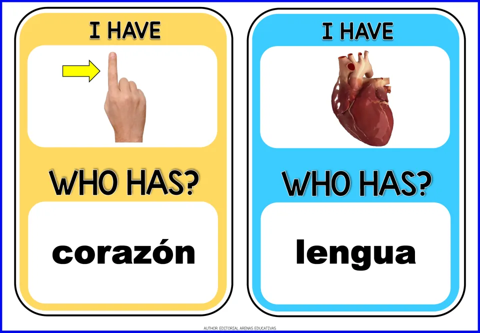 Body vocabulary cards: pointing finger photo asks who has corazón, and heart photo asks who has lengua
