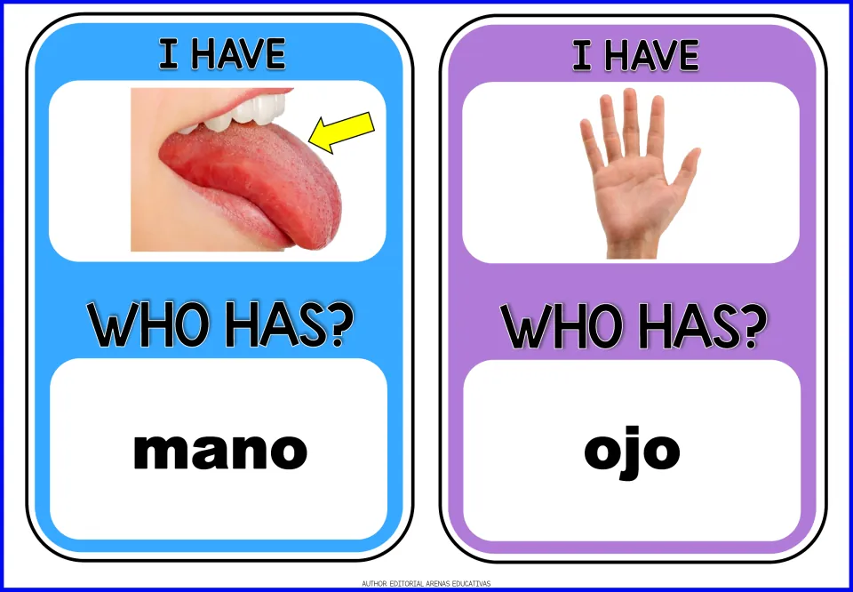 Spanish vocabulary cards: tongue photo asks who has mano, and open hand photo asks who has ojo for matching words