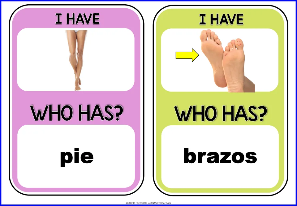 Final body-part cards: legs photo asks who has pie, and feet photo asks who has brazos, closing the loop to the arm card