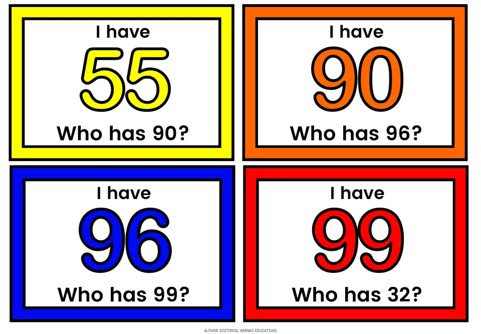 Two-digit number cards 55, 90, 96 and 99: each player reads I have and calls who has 90, 96, 99 or 32 to keep the chain