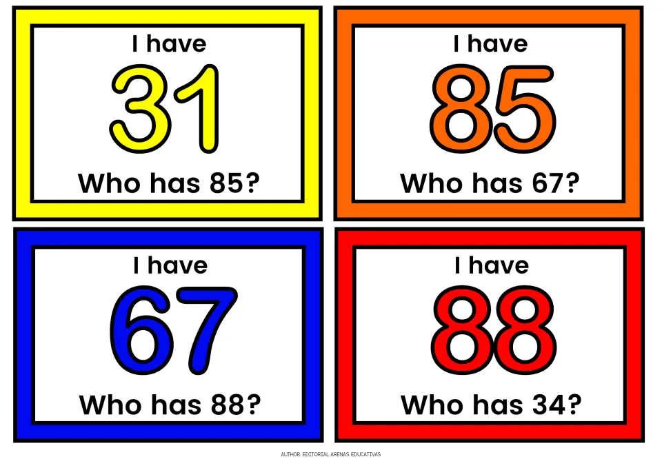 Game cards 31, 85, 67 and 88: students say I have and read the question who has 85, 67, 88 or 34 to link the next card