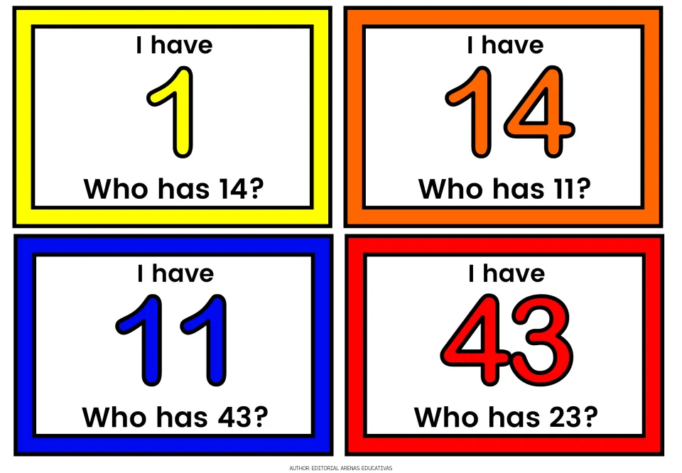 Cards for 1, 14, 11 and 43: players read one- and two-digit numerals and call who has 14, 11, 43 or 23 in turn