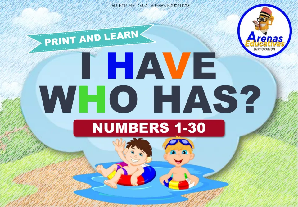 I Have, Who Has? Numbers 1-30 cover: a print-and-learn card game, shown with two cartoon kids floating in a pool