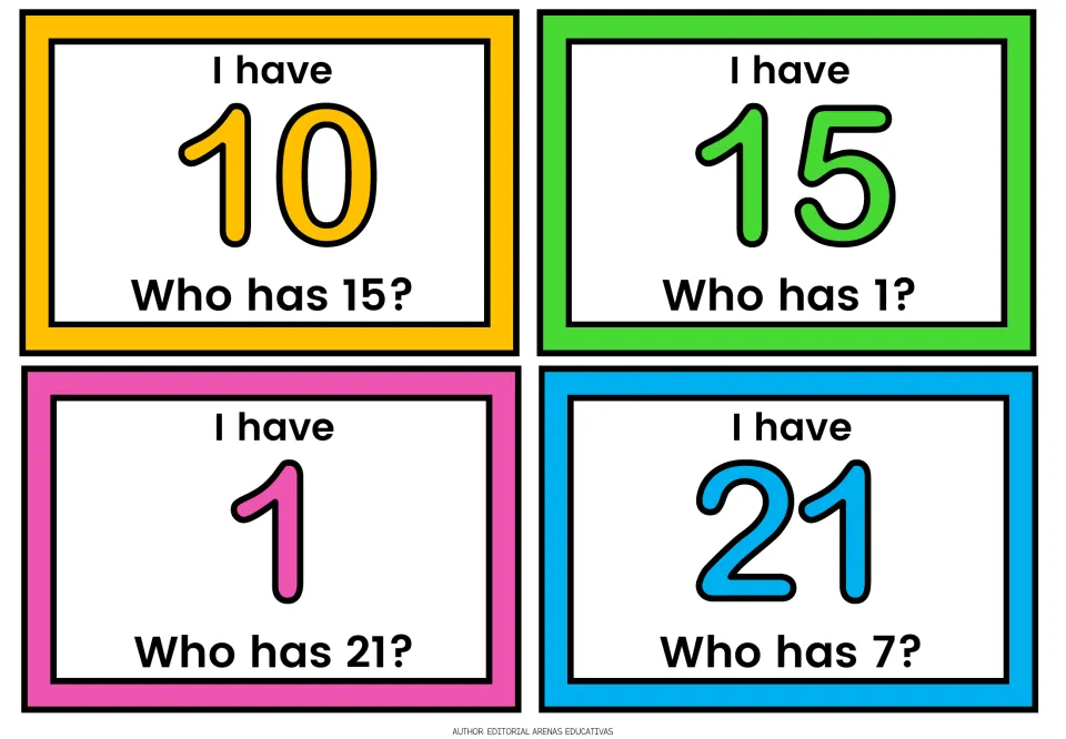 Number recognition game cards: I have 10, 15, 1 and 21, with calls for 15, 1, 21 and 7 to keep the chain going
