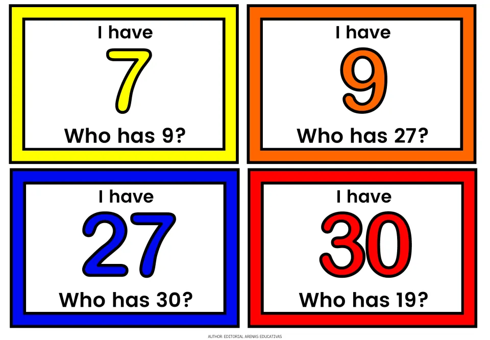 Numeral cards reading I have 7, 9, 27 and 30; each asks who has the next number: 9, 27, 30 or 19