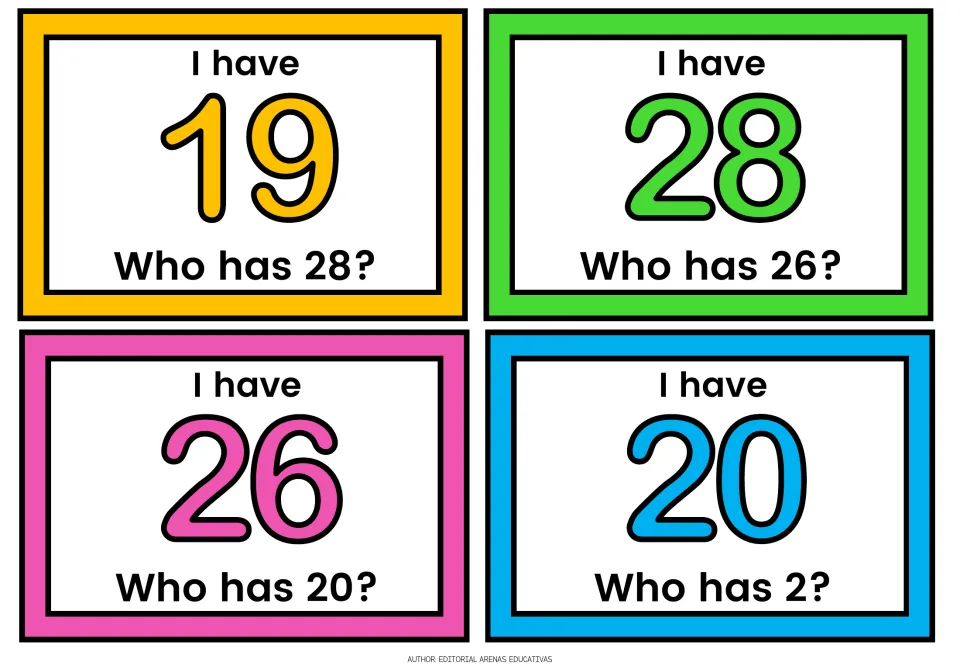 Listen-and-respond number cards for 19, 28, 26 and 20, asking who has 28, 26, 20 and 2 in turn