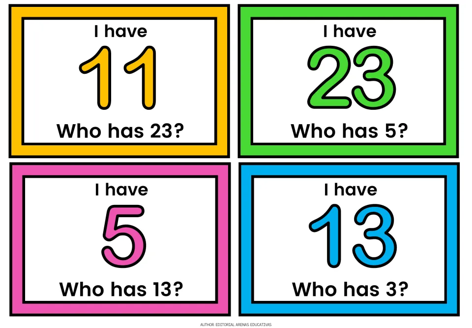 Number identification cards with 11, 23, 5 and 13 in large type, each calling for 23, 5, 13 or 3 next