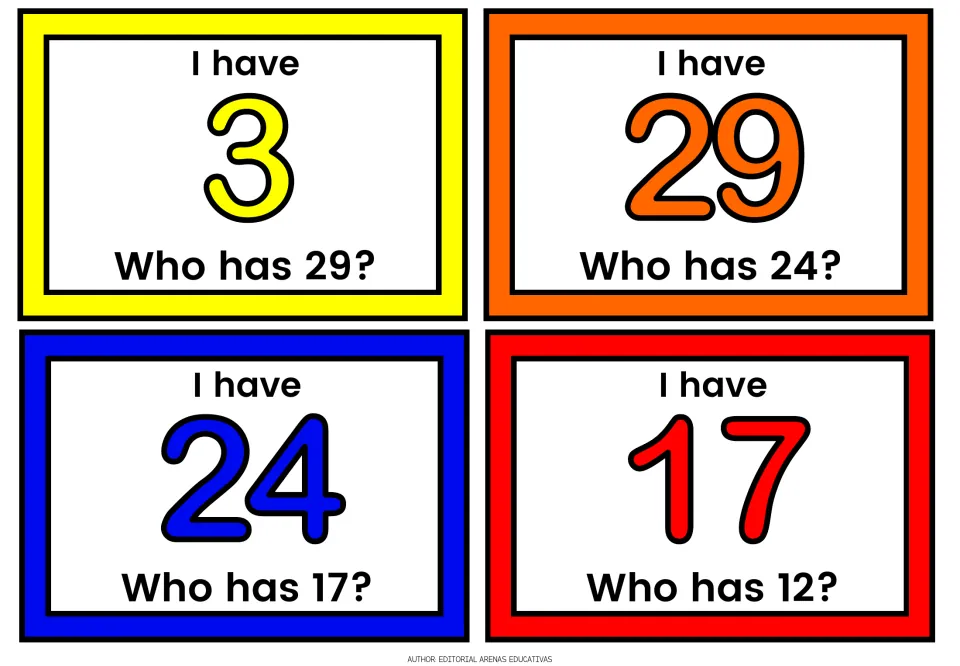Game cards for numbers 3, 29, 24 and 17; students listen for who has 29, 24, 17 or 12 and answer in turn